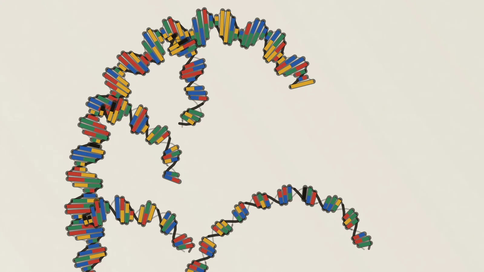 Close-up of the Ithaka sheet: the crest of the wave is a double helix whose rungs are red, green, blue and yellow