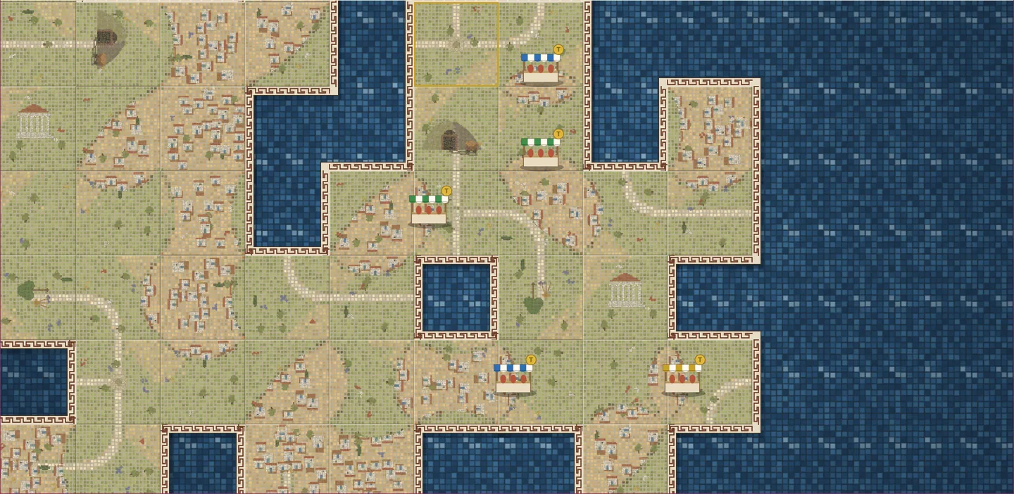 A market on the island: shops with awnings in different colours, next to villages and a mine