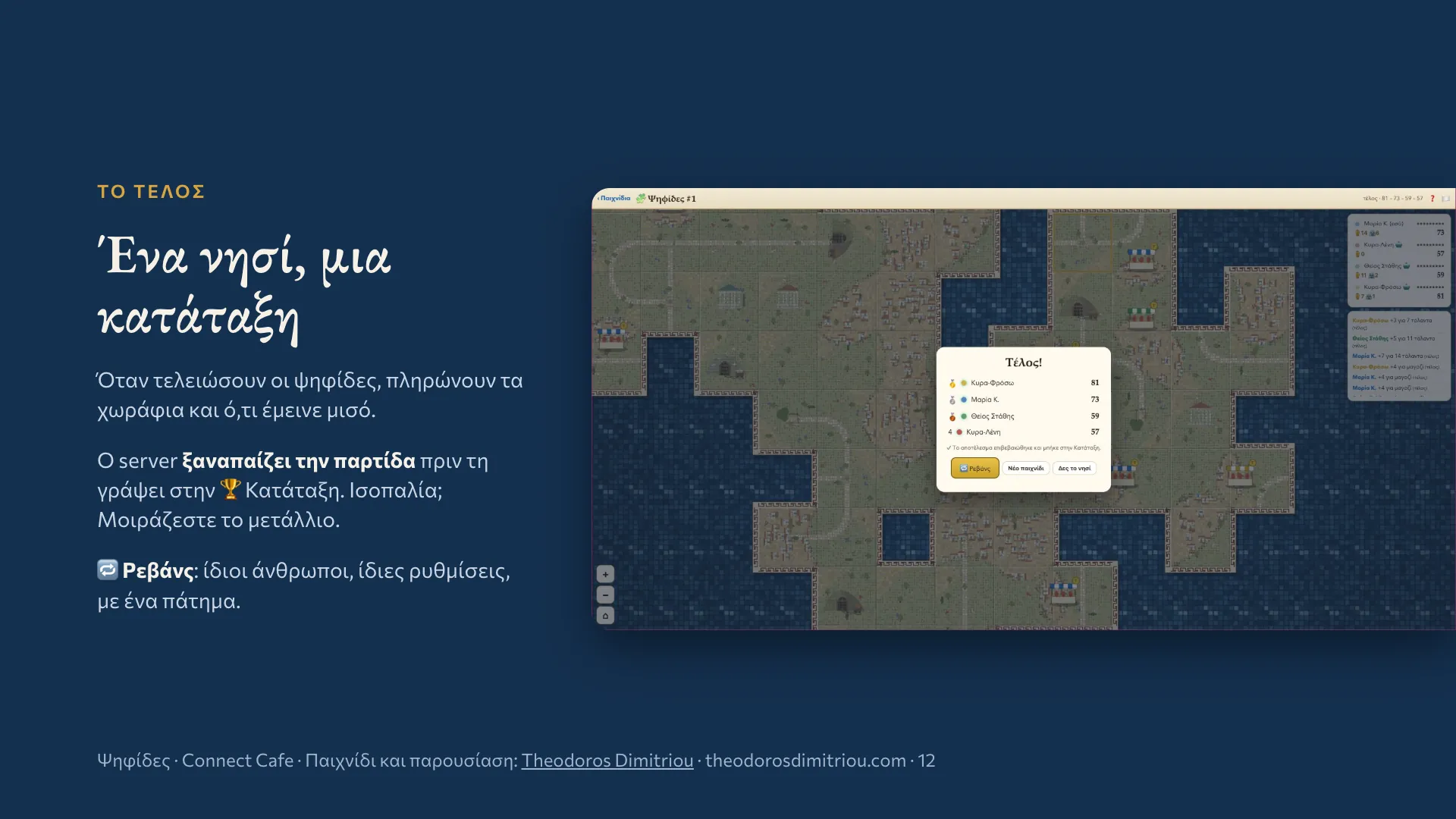 Slide 12 of 13: One island, one leaderboard: the server replays the game, ties share the medal, rematch