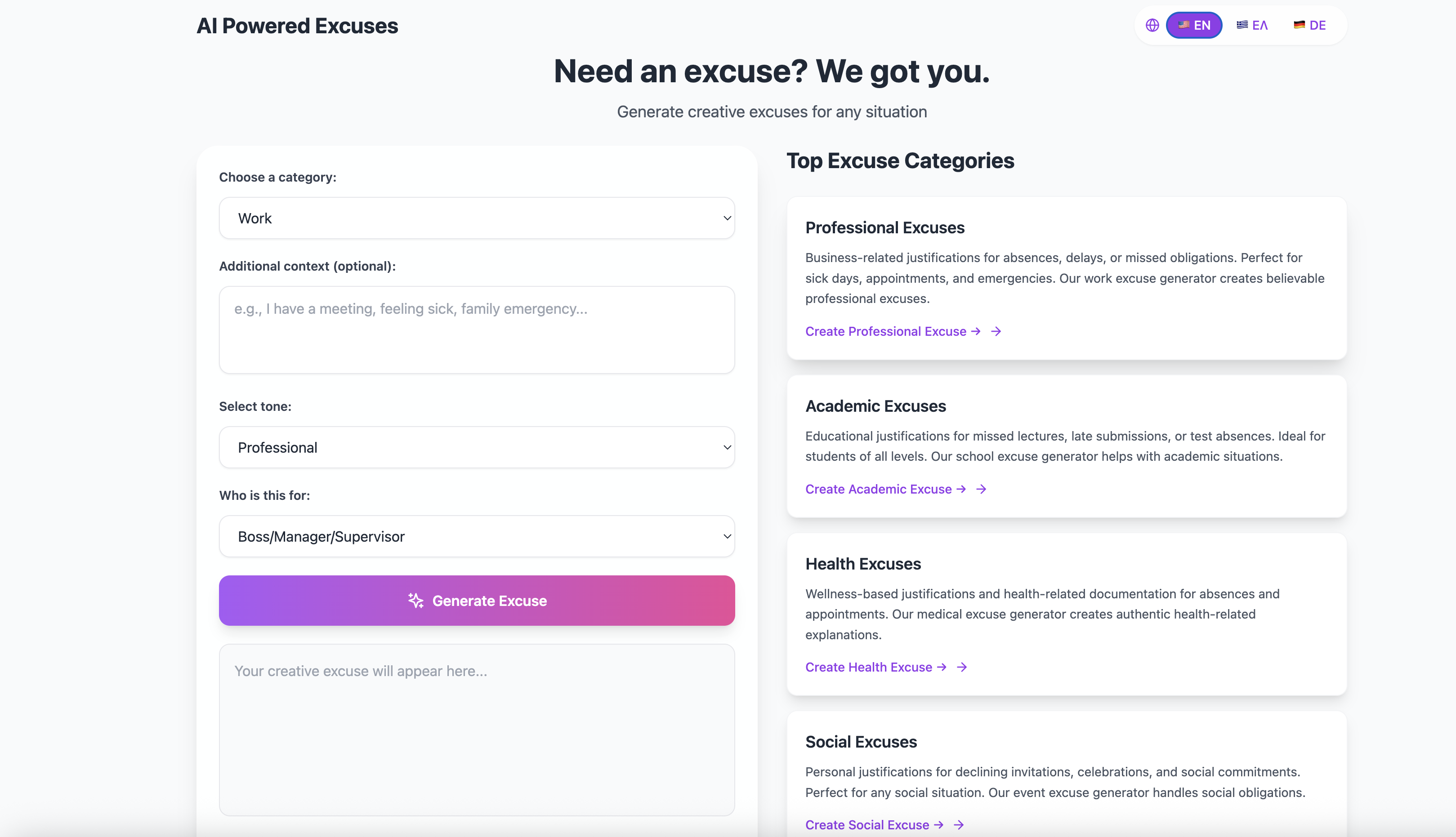 Multilingual Excuse Generator - AI-Powered Creative Justifications